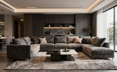 A high-end 3D photorealistic rendering of a modern North American living room. The scene showcases sophisticated charcoal and sand-colored furniture, precise architectural details, and cinematic ambient lighting that highlights textures and depth.