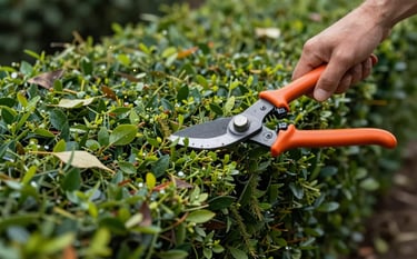 A close-up photograph of professional landscaping shears sculpting a dense, deep forest green hedge into a sharp, straight line. Flecks of cut leaves are in the air. The style is focused and highlights expertise.