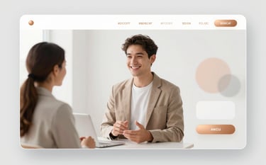 A clean, modern interface showing a friendly AI assistant interacting with a user. The design is sleek with glassmorphism effects, featuring #8D6C4F golden copper accents and a soft #F8F8F8 background. Professional, supportive mood.