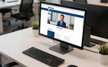 A high-angle shot of a sleek desk in a Latin American / Spanish coworking space, featuring a modern monitor displaying a professional website layout, with Business Blue and Cool Off-White color tones in the background.
