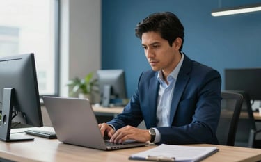 A professional working on a laptop in a modern Latin American / Spanish office setting, soft morning light, showing a clean workspace with Business Blue and Deep Navy Blue decor accents, focusing on productivity and digital growth.