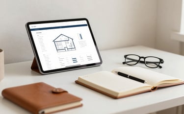 A minimalist, organized home office corner. A tablet displays clean architectural data charts next to a pair of professional glasses and a leather-bound planner. The scene is bathed in a warm, premium glow using ivory and terracotta accents, reflecting meticulous data management and real estate support.