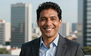 Close-up of a confident South American professional smiling in a high-rise office in a Brazilian city like Curitiba. The background shows a blurred cityscape during a clear day. Professional attire, trustworthy and encouraging expression.