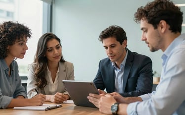 A group of South American professionals in a collaborative meeting space in São Paulo. They are looking at a tablet together, expressing growth and success. The environment is modern, filled with natural light and pale blue tones.
