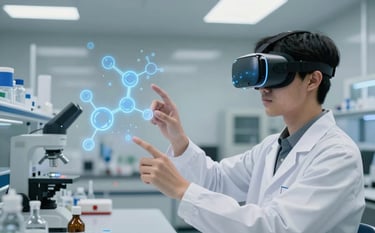 Photography of a modern university student in a sleek white lab coat wearing a futuristic VR headset, interacting with glowing blue and light blue digital chemical molecules suspended in mid-air. The background is a clean, glass-walled laboratory in a North American setting with professional, soft lighting.