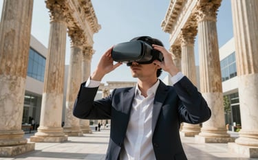 Wide-angle photography of an individual in a professional business setting wearing a sleek VR headset, experiencing a photorealistic historical recreation of ancient Roman architecture with sun-drenched marble pillars. North American office background with a modern, futuristic vibe.