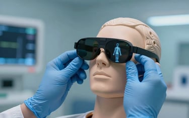 Close-up photography of a medical professional's hands wearing blue latex gloves, using AR glasses that project a translucent anatomical diagram over a high-fidelity training mannequin. The scene is a sterile, futuristic medical simulation center with cool blue lighting and North American professional aesthetic.