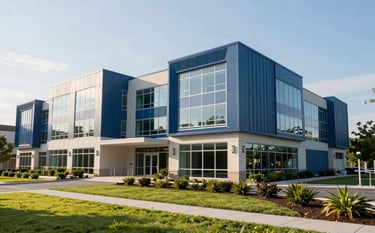 A well-maintained professional office complex in the RTP area, featuring steel blue architectural accents and pristine landscaping under a bright afternoon sun.