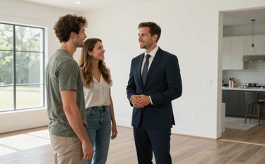 A professional real estate agent in a dark navy suit showing a modern, luxury home in North Carolina to a smiling couple. Bright natural light, soft white walls, and muted taupe hardwood floors.