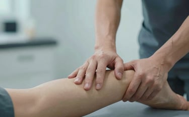 A close-up, detailed shot of a physiotherapist's hands performing a manual therapy technique on a patient's leg. The scene is clinical and calming, with a soft-focus background of the treatment room. The lighting is clean and professional, emphasizing expertise and care using light blue-grey tones.