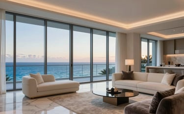 A sophisticated penthouse interior in Palm Beach. Through massive floor-to-ceiling windows, the deep blue Atlantic Ocean is visible under a soft sunset sky. The room features minimalist #F8F4ED furniture, marble flooring, and #0B2F3A velvet accents, creating an atmosphere of quiet, modern elegance and elite living.