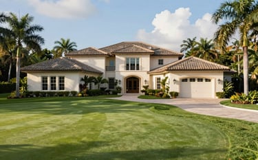 An elegant Mediterranean-style estate in Naples, Florida, overlooking a perfectly manicured green golf course. The house has #F8F4ED stucco walls and #4B6F7B slate roof tiles. Bright morning light illuminates the lush tropical landscaping and a wide circular driveway, conveying trust and traditional sophistication.