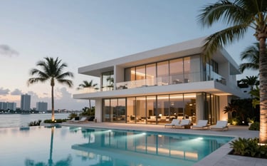 A luxury modern waterfront mansion in Miami Beach at twilight. The architecture features clean lines, floor-to-ceiling glass walls, and a glowing infinity pool that reflects the #A8C7CC sky. Professional architectural photography with #0B2F3A shadows and elegant palm trees in the foreground, projecting a modern and high-end atmosphere.
