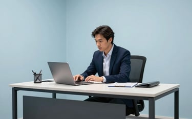 A professional working at a minimalist desk in a North American / US corporate office. The scene is bright and organized, reflecting efficiency, with walls painted in a soft Frost Blue and furniture in Midnight Navy.