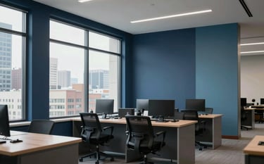 A clean and modern technical support center in a North American / US city. The architecture is sophisticated with large windows and a color scheme of Midnight Navy and Dusty Azure, evoking clarity and trust.