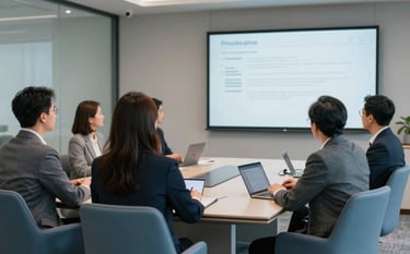 A strategic planning session with professionals in a modern North American / US conference room. Sharp focus on high-quality digital displays and sleek Slate Blue chairs, conveying a reliable and sophisticated brand image.