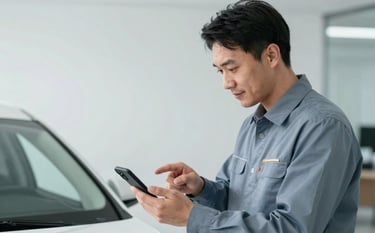 A helpful support specialist in a muted steel blue uniform assisting a driver in a professional, ice white office setting. The specialist is pointing at a smartphone screen, showing a trustworthy and approachable interaction. The lighting is clean and professional.