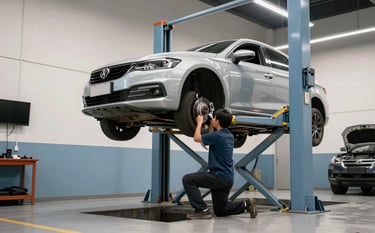 Wide shot of a professional Brazilian automotive service bay. A car is elevated on a lift, with a mechanic inspecting the suspension and brake system. The environment is organized, modern, and clean with light blue and off-white color tones.