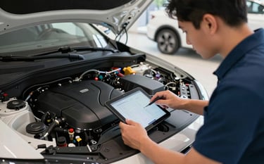 Interior of a high-tech South American automotive center. A technician is using a tablet connected to a modern car's engine bay to perform an electronic diagnostic. Focus on professional precision and advanced technology. Colors include dark blue and off-white.