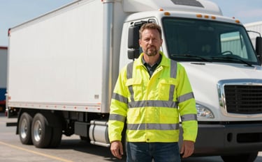 A professional truck owner in high-visibility safety attire standing confidently in front of a well-maintained box truck at a North American logistics hub. The atmosphere is bright and industrious, conveying a sense of reliability and personal dedication to the craft.