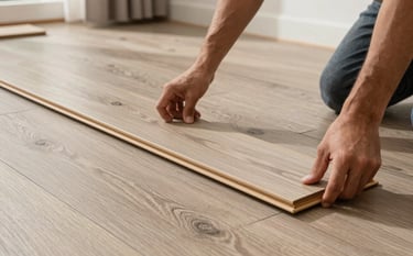 A high-quality wide shot of a professional's hands installing premium laminate planks in a sunny, modern South American / Brazilian apartment. The scene features soft beige and warm brown-grey tones, emphasizing the clean lines and elegant texture of the wood-style flooring.
