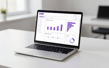 A minimalist, high-end office desk with a silver laptop. The screen displays a clean, professional CRM dashboard with purple (#8E69A3) data points. The lighting is bright and natural, reflecting a modern, trustworthy business atmosphere.