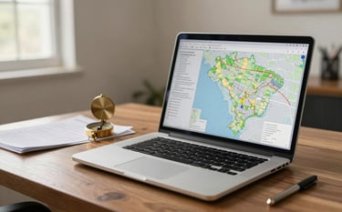 A professional desk in a rural office in Brazil, featuring a laptop displaying land management maps, physical deeds, and a compass, soft natural lighting, trustworthy and expert atmosphere, clean composition.