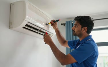 A professional technician in a clean uniform using high-quality tools to repair a wall-mounted AC unit inside a modern South Asian / Indian home. The room is bright with natural light, featuring Pale Mist walls and Steel Blue accents. The shot is a medium close-up focusing on expert care and efficiency.