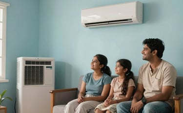 A happy family in a comfortable South Asian / Indian home enjoying the cool breeze from a rented AC unit. The atmosphere is calm and relieved, with Soft Sky Blue and Pale Mist lighting. High-quality lifestyle photography style.