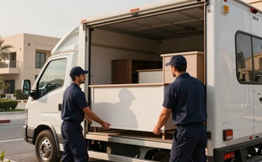 A professional photography shot of movers in dark slate blue uniforms carefully loading high-end furniture into a clean, soft off-white truck. The setting is a bright, upscale neighborhood in Mecca with modern architecture in the background. Soft morning sunlight creates a professional and reliable atmosphere.