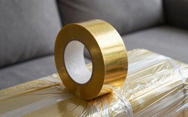 Close-up macro photography of high-quality packing materials. A sofa is being wrapped in thick protective film with metallic gold colored tape. The focus is on the precision and thickness of the padding, ensuring total protection.