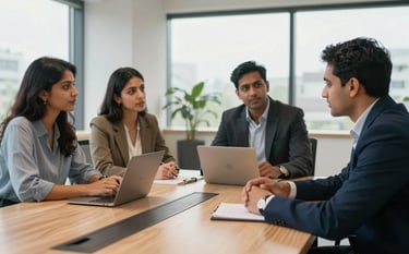 A collaborative marketing team of South Asian professionals discussing strategy around a modern conference table with light-colored wood, professional atmosphere, soft natural lighting through large windows.