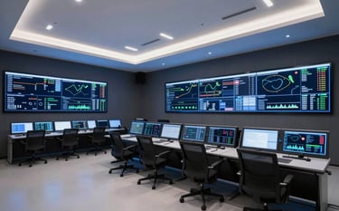 A wide-angle professional photograph of a sophisticated digital command center in the US. Large screens on dark gray walls display real-time app performance data. The room is modern and minimalist with bright blue lighting accents.
