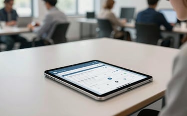 Professional photography of a modern collaborative workspace in a North American tech hub. A tablet rests on a light gray table displaying a sleek mobile application interface. The lighting is bright and clean, reflecting an atmosphere of innovation and professionalism.