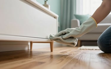 A bright, airy living room with a focus on a polished wooden floor. A professional cleaner's hand in a soft sage glove is dusting a modern shelf. The lighting is natural and inviting, with hints of muted teal and minty white decor in the background.
