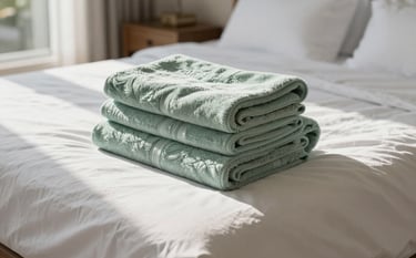 A sun-drenched bedroom in a vacation home with crisp minty white linens. A neat stack of fluffy towels in soft sage rests on the bed. The atmosphere is serene and spotless, suggesting a premium hospitality experience.