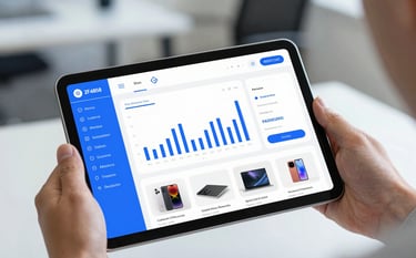 A close-up of a tablet held by a developer, showcasing a vibrant e-commerce dashboard with graphs and product images. The background is a modern, slightly blurred office environment with cool tones. The composition is clean and trustworthy. The brand's #2F4858 and #6C8CA7 colors are reflected in the UI elements on the tablet.