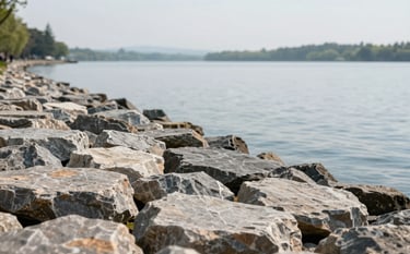 A durable, meticulously crafted rock seawall protecting a lakefront property. The stones are expertly placed to prevent erosion. Clear sky lighting. The aesthetic is serene yet capable, showcasing robust reliability through solid stone textures and clean lines.