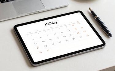 A clean, modern workspace featuring a high-end digital tablet showing a holiday calendar and a classic fountain pen. The lighting is bright and professional, utilizing a Steel Blue and Soft Off-white color palette.