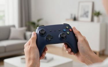 A close-up photograph of a person in a bright North American living room holding a sleek, slim Android controller with a deep navy finish. The background is softly blurred, showing a clean, modern home environment with light grey and off-white accents.