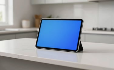 A minimalist photography shot of an Android-powered tablet standing on a white kitchen counter in a North American home. The device has a thin profile and a bright blue interface screen, surrounded by clean lines and natural lighting.