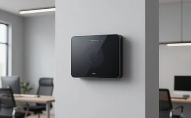 A professional-grade Android wall terminal installed in a modern North American home office. The lighting is crisp and efficient, and the surrounding walls are a clean, light grey, emphasizing the device's high-tech aesthetic.