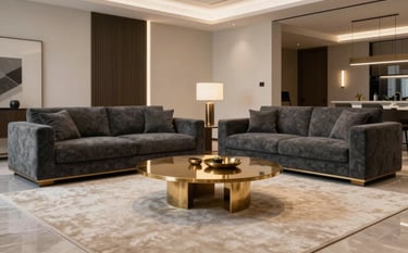 Interior shot of a sophisticated South Asian living room. Minimalist charcoal sofas sit on a light champagne rug. Gold-toned metallic coffee tables and architectural lighting highlight the space. The composition is clean and airy with a luxury Indian aesthetic.
