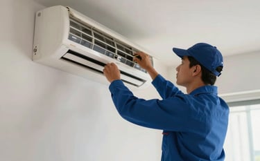 A professional technician in a clean royal blue uniform performing maintenance on a modern wall-mounted air conditioning unit inside a bright South American / Brazilian apartment. The lighting is crisp and emphasizes a clean, healthy living environment with a palette of dark navy and off-white.