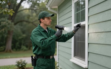 A professional pest control technician in a dark forest green uniform inspecting a modern North American / US suburban home exterior with a high-powered flashlight during a clear morning. The atmosphere is reliable and efficient, with soft sage green accents in the background foliage.