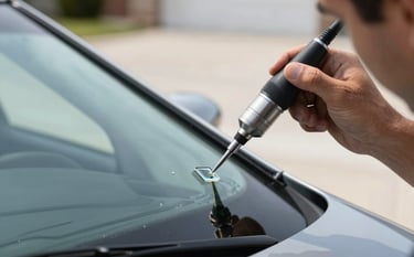 A close-up photograph of a professional technician in the North American / US region using a specialized precision tool to inject clear resin into a small chip on a vehicle's windshield. The lighting is bright and natural, highlighting the clarity of the glass and the metallic sheen of the tool, set against a soft-focus outdoor driveway background with hints of light blue and silver.