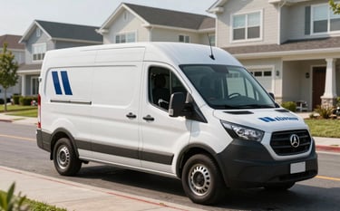 A sleek, white service van with professional silver and dark blue branding parked on a clean North American / US residential street. The morning light is crisp and clear, showing a technician organizing tools in the back. The background features modern architecture and a well-maintained neighborhood, conveying trust and reliability.