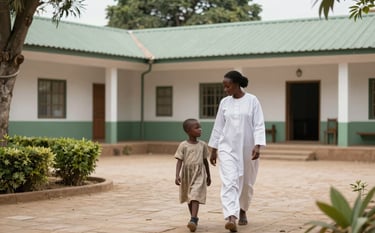 An outdoor courtyard in an East African / Ethiopian community center with greenery. A counselor and a child walk together in a peaceful environment. Colors of soft white and muted sage green. High-quality photography.