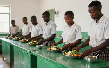 A bright, clean kitchen in an East African / Ethiopian school where staff are preparing fresh, healthy food. Accents of deep forest green on the counters and soft white walls. The scene is dignified and organized. Soft daylight, professional photography.