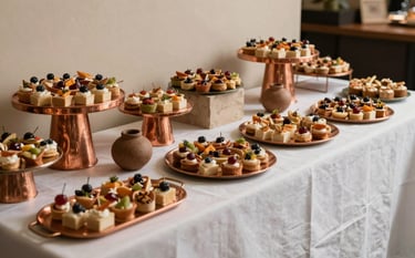 An elegant wide-angle shot of a catering station at a modern Latinoamericano corporate event. Beautifully arranged appetizers on copper platters, white linens, and decorative earthy elements. The lighting is sophisticated and warm, highlighting a professional and welcoming atmosphere. Tones of beige and muted copper dominate.